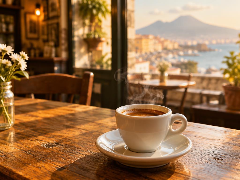 Eine dampfende Tasse Kaffee in einem Café in Neapel, im Hintergrund der Vesuv