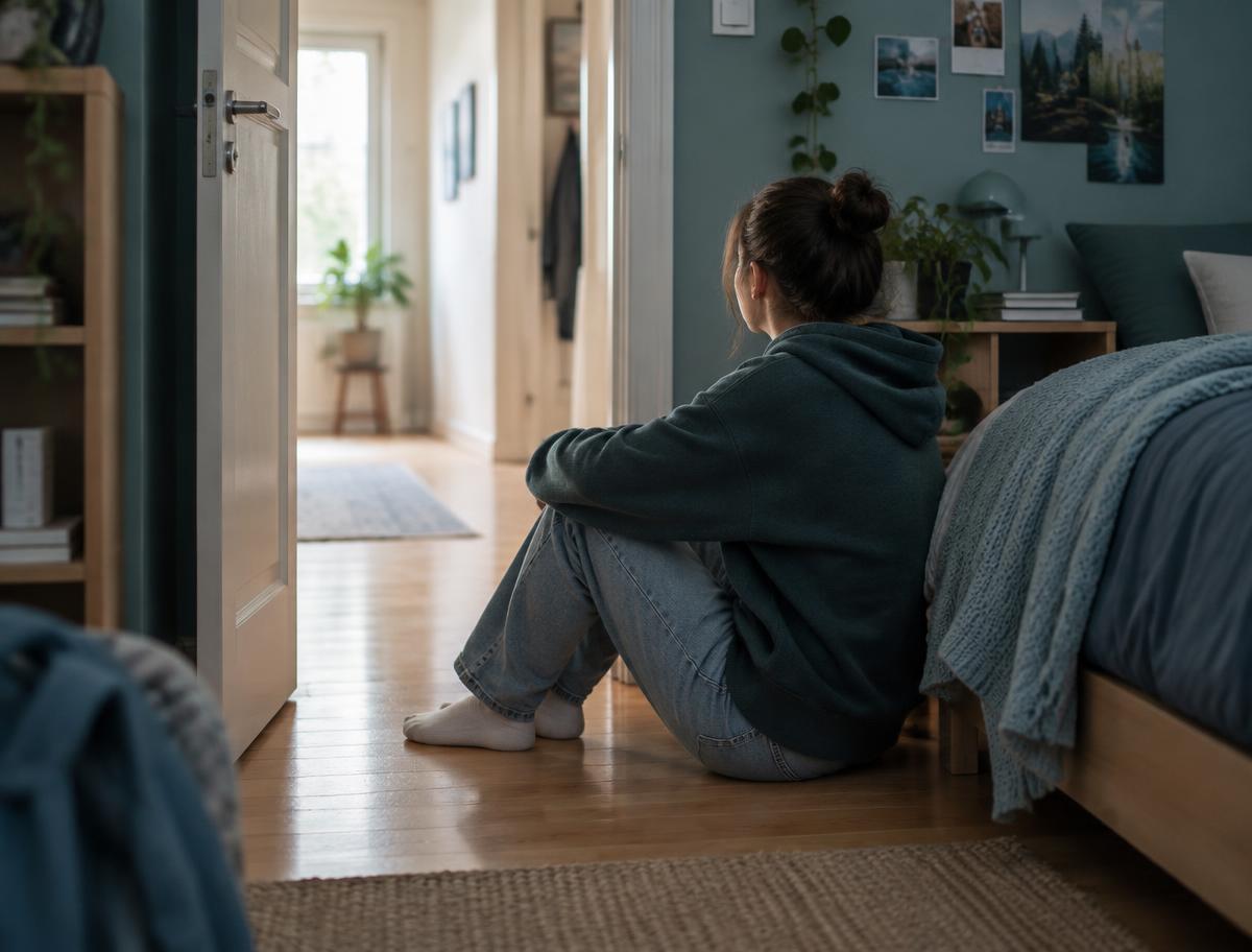 Ein junger Mensch sitzt allein auf dem Boden in seinem Zimmer