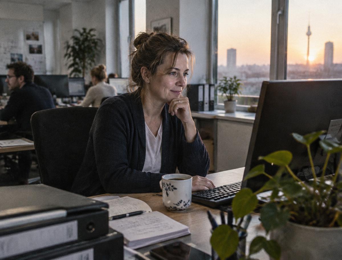 Eine Kollegin sitzt pünktlich an ihrem Schreibtisch im ersten Morgenlicht