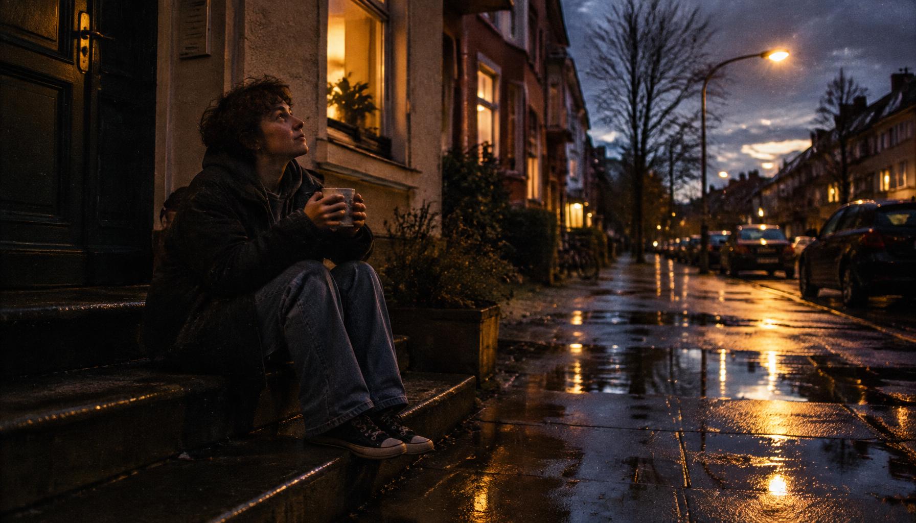 Junger Mensch mit Tasse auf nassen Stufen nach dem Regen, schaut in den Abendhimmel