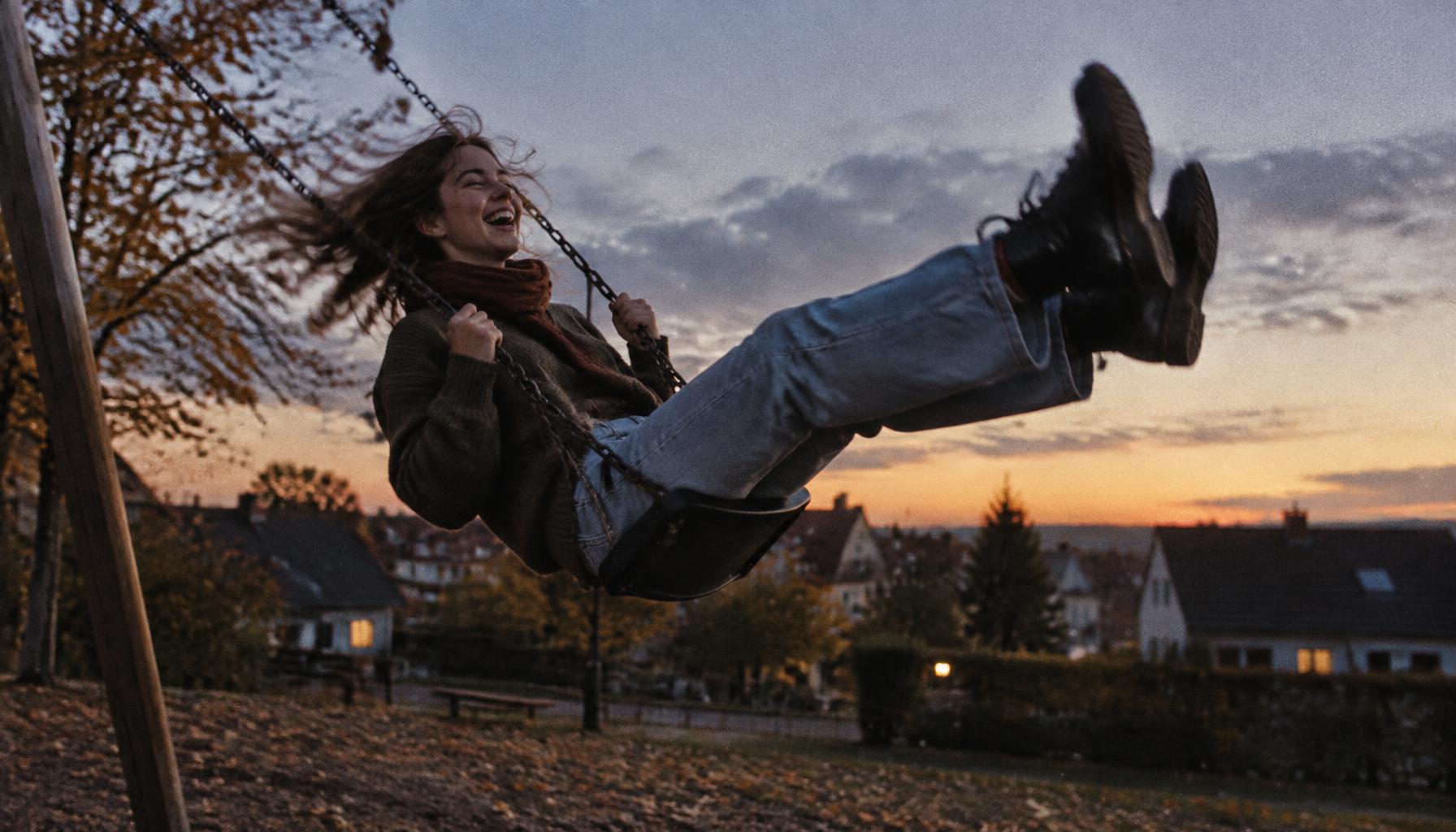 Lachende junge Frau auf einer Schaukel in der Abenddämmerung